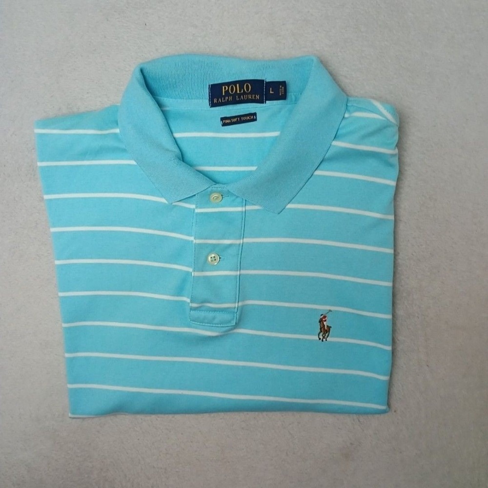Polo Ralph Lauren Polo Shirt Mens L Blue Striped Pima Soft Touch Casual Work